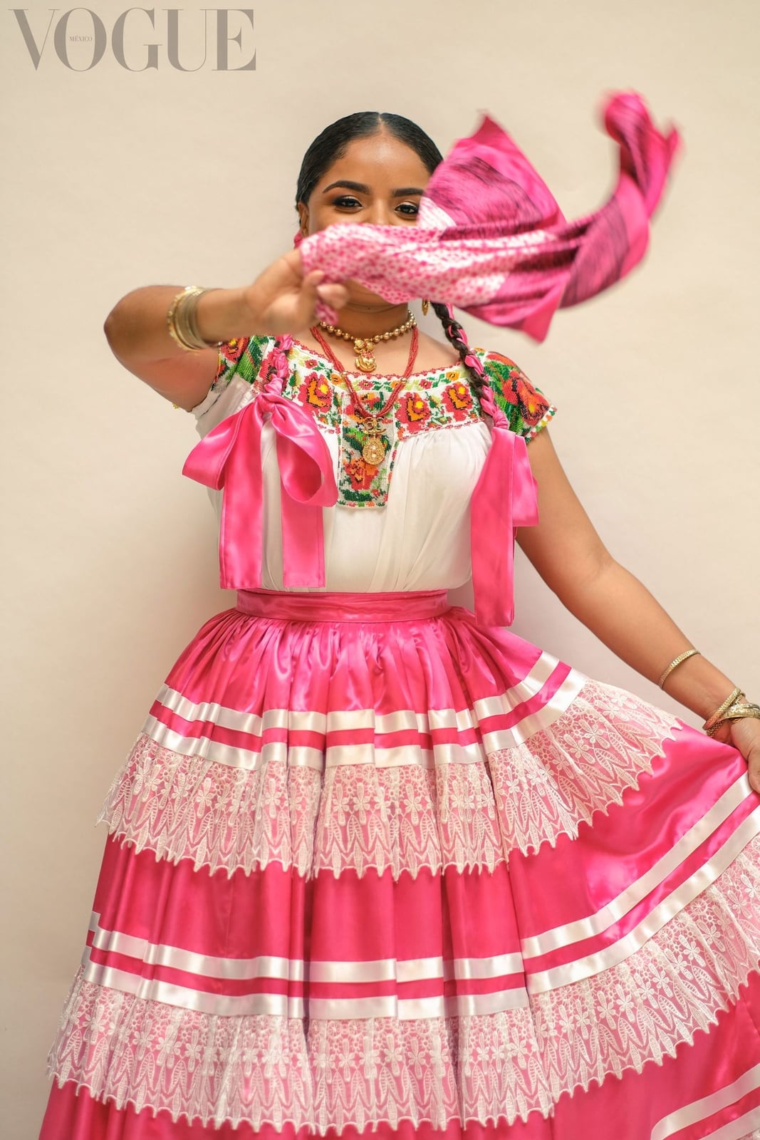 Embroidered Top with Pink Tiered Satin Skirt and Gold Jewelry Embroidered Top with Pink Tiered Satin Skirt and Gold Jewelry — Mexico Outfits