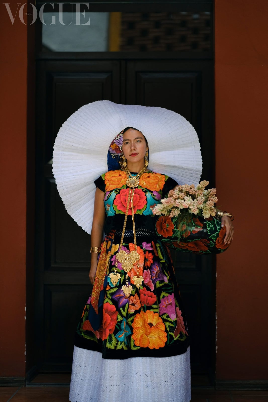 Black Embroidered Dress with Tiered Underskirt and Headdress Black Embroidered Dress with Tiered Underskirt and Headdress — Mexico Outfits
