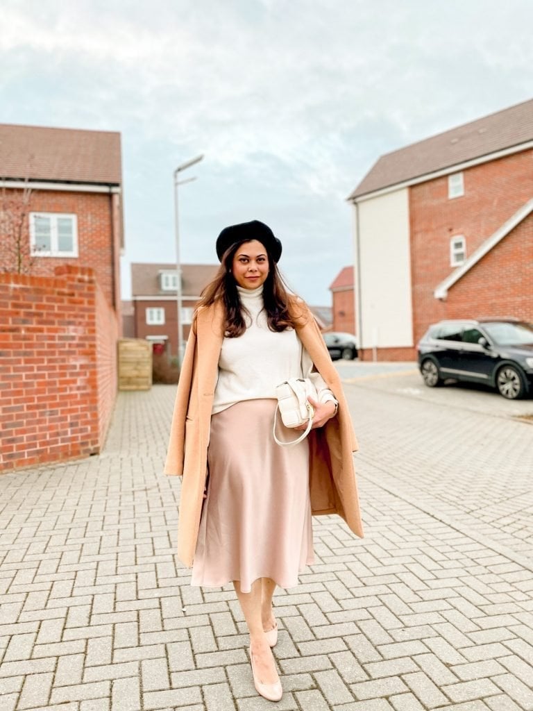 Pale pink satin slip midi skirt with cream turtleneck Pale pink satin slip midi skirt with cream turtleneck — Midi Skirt Outfits