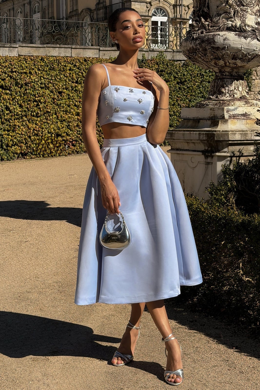 Light blue satin midi skirt with embellished top Light blue satin midi skirt with embellished top — Midi Skirt Outfits