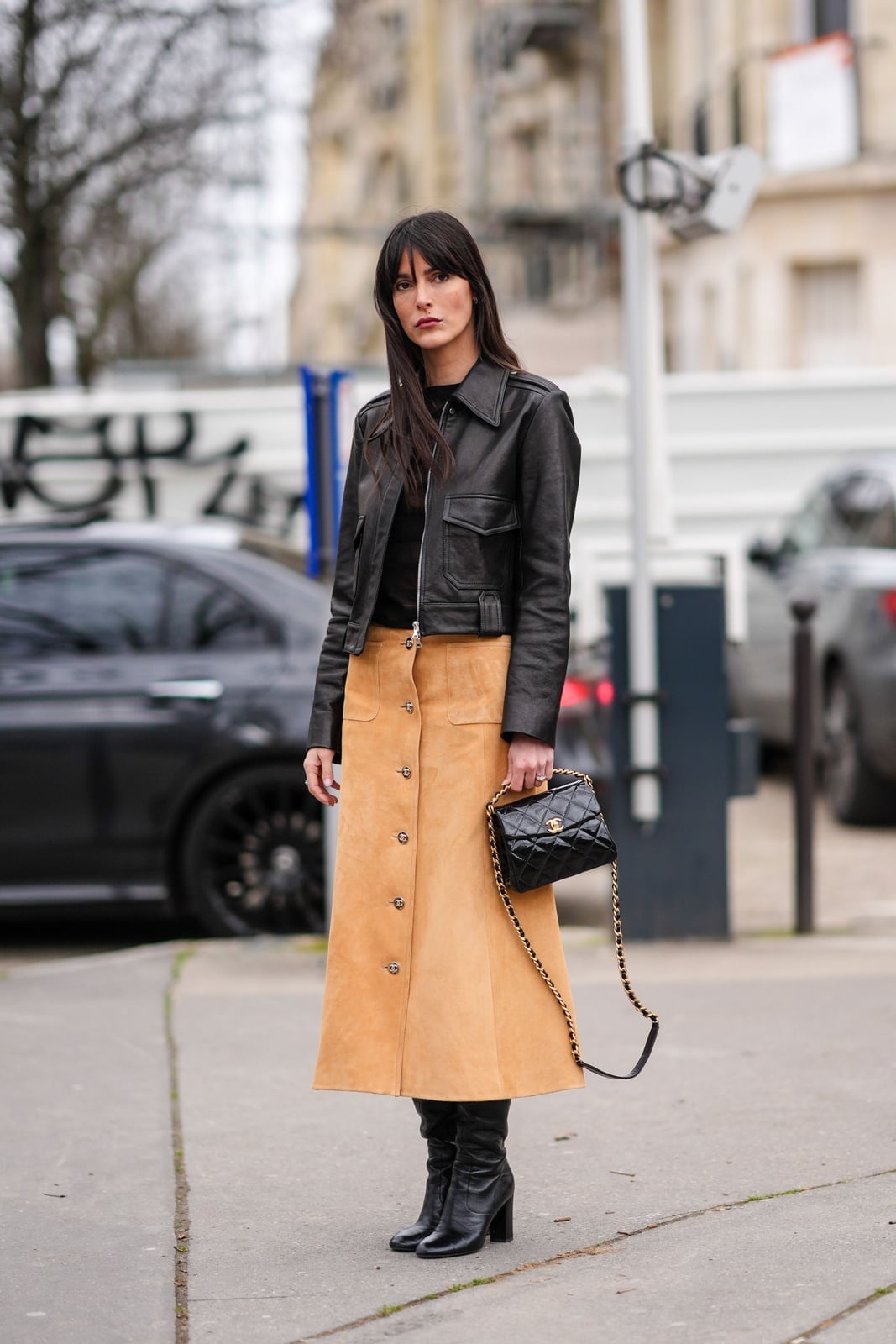 Tan suede button-front midi skirt with leather jacket Tan suede button-front midi skirt with leather jacket — Midi Skirt Outfits