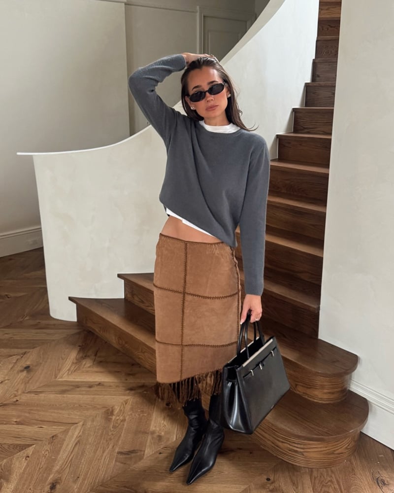 Brown suede patchwork midi skirt with fringe Brown suede patchwork midi skirt with fringe — Midi Skirt Outfits