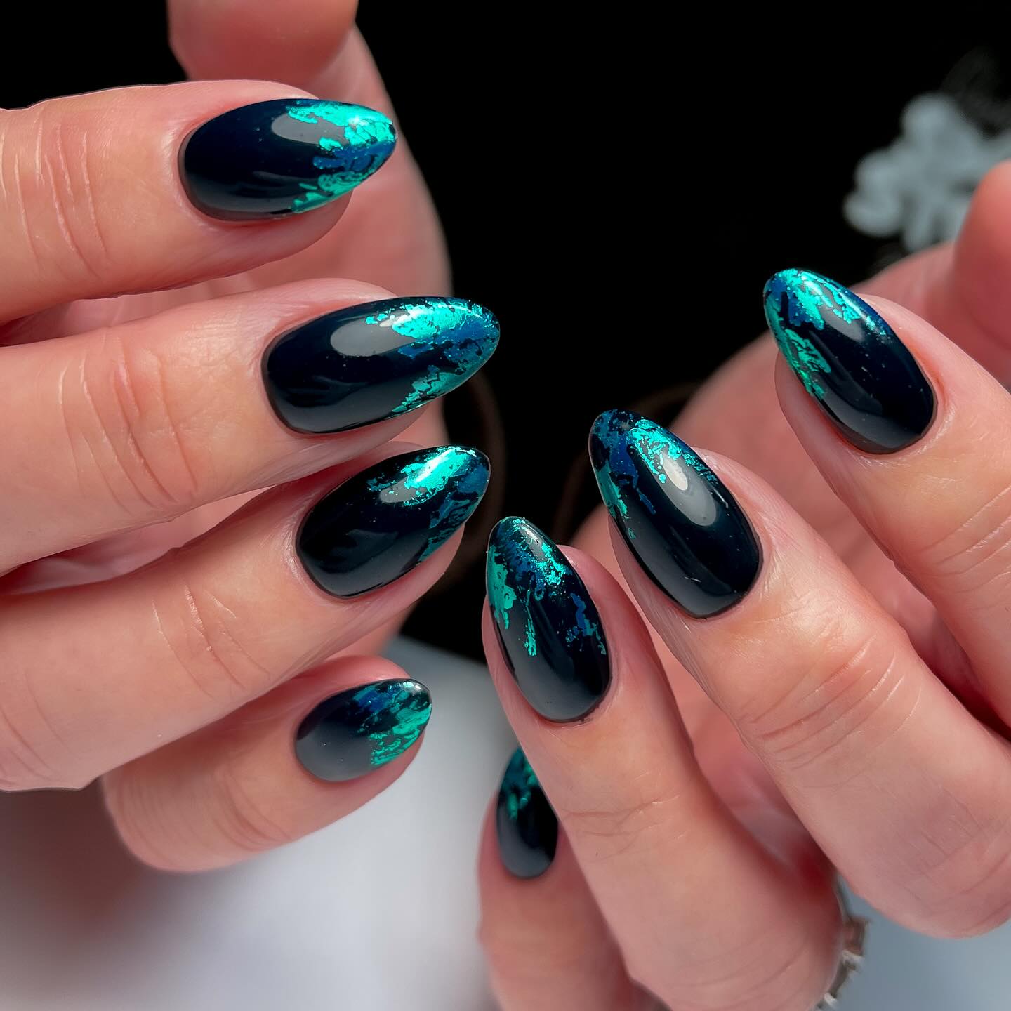 Midnight Ocean Foil Almond Nails
