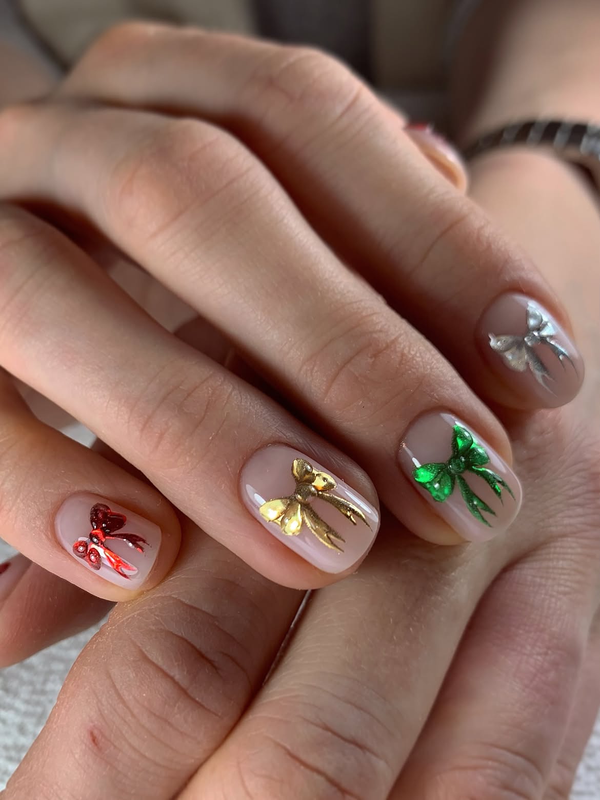 Milky Nude Nails With 3D Metallic Christmas Bows