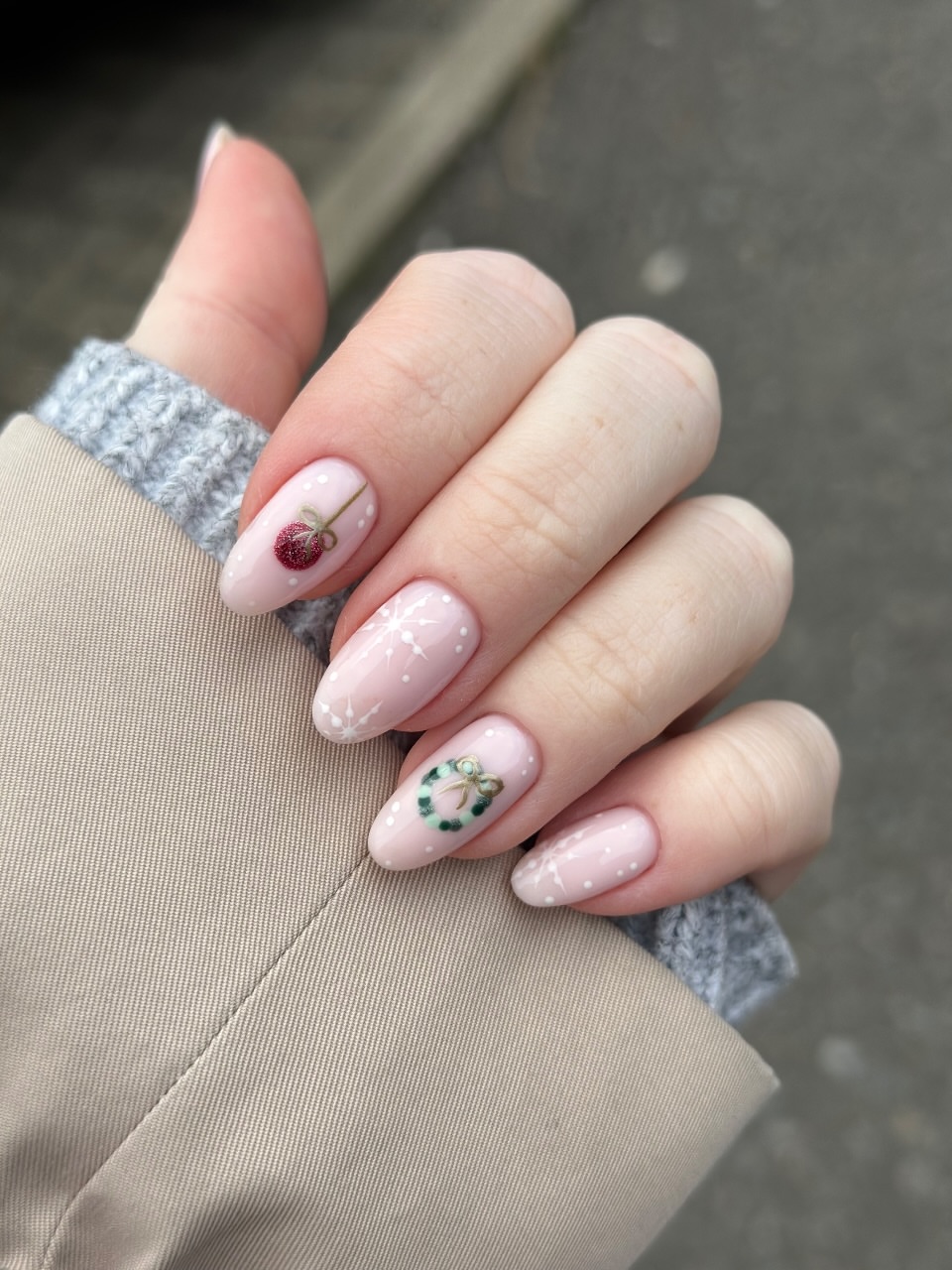 Milky Pink Almond Nails With Festive Hand Painted Art