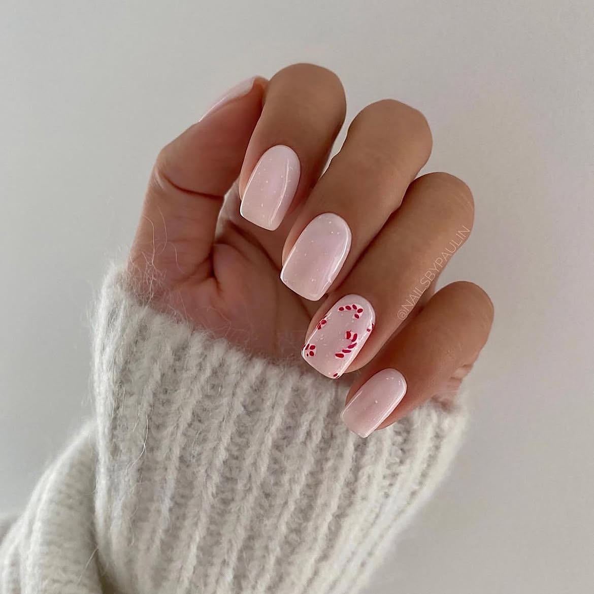 Milky Pink Short Square Nails With Red Accents