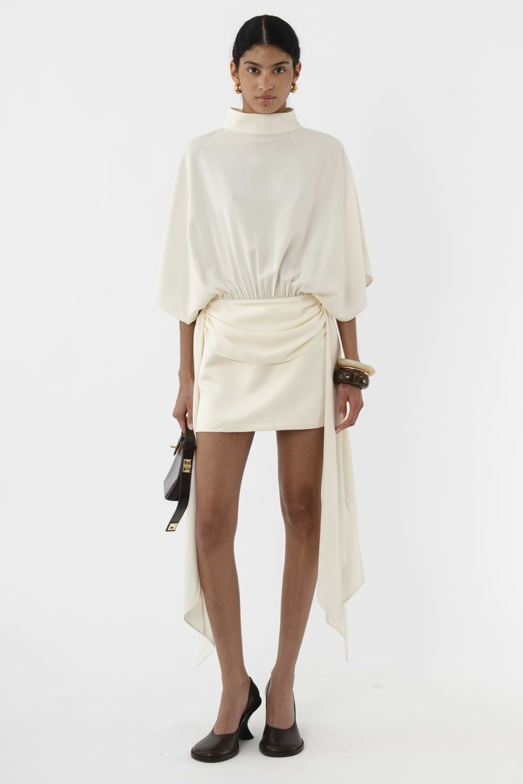 Ivory crepe mini dress with draped detail for evening Ivory crepe mini dress with draped detail for evening — Mini Dresses Outfit