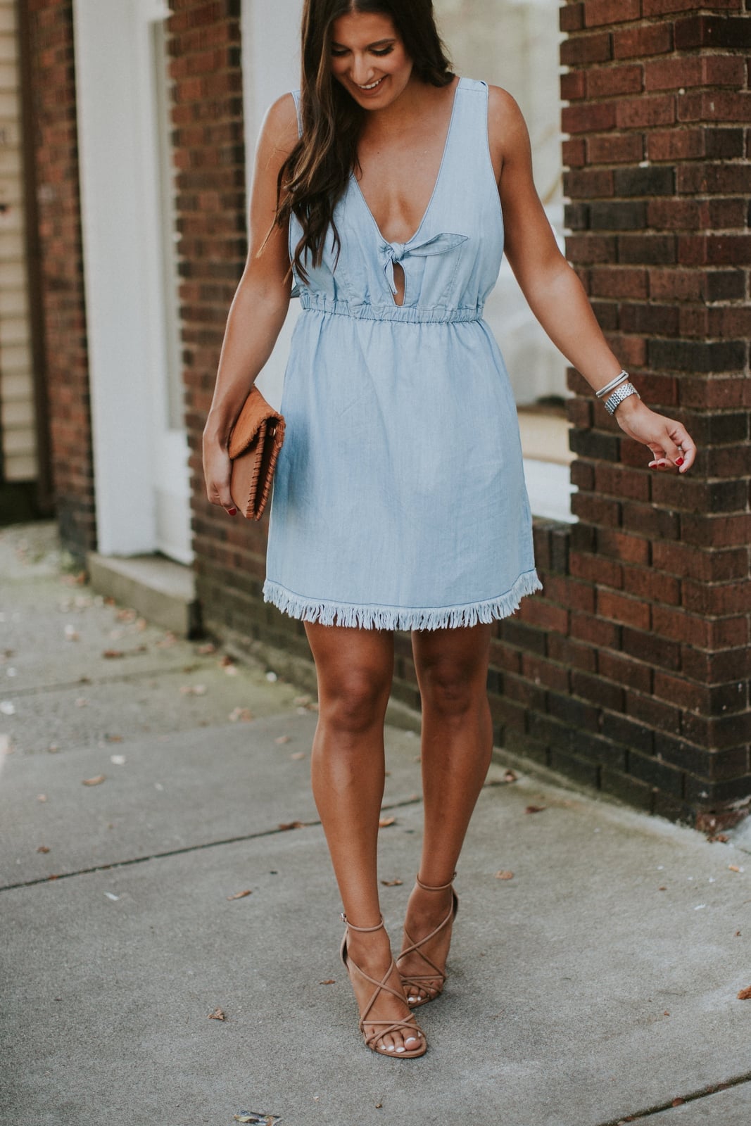 Light blue denim mini dress with fringe hem Light blue denim mini dress with fringe hem — Mini Dresses Outfit