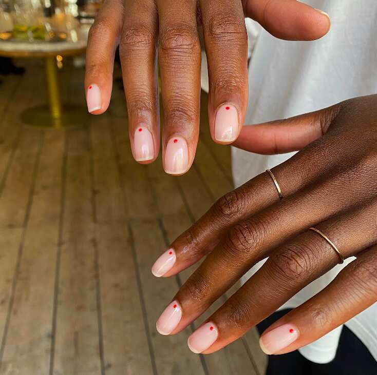 Sheer Milky Pink Short Almond With Red Dots Sheer Milky Pink Short Almond With Red Dots — Minimalist Nails