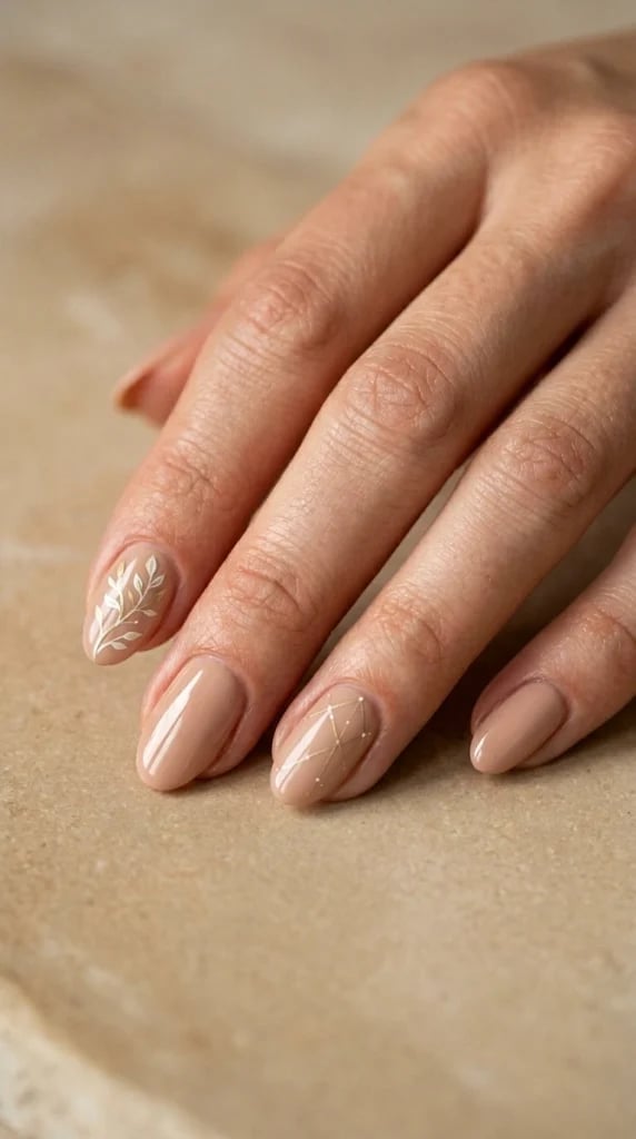 Nude Short Oval With White Leaf And Line Art Nude Short Oval With White Leaf And Line Art — Minimalist Nails