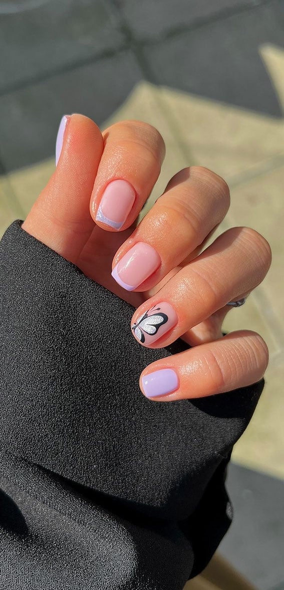 Short Square Lilac Tip French With Butterfly Art Short Square Lilac Tip French With Butterfly Art — Minimalist Nails