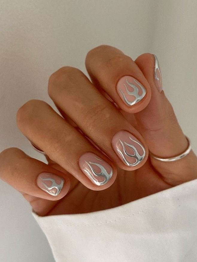 Sheer Nude Square Nails With Silver Flame Art Sheer Nude Square Nails With Silver Flame Art — Minimalist Nails