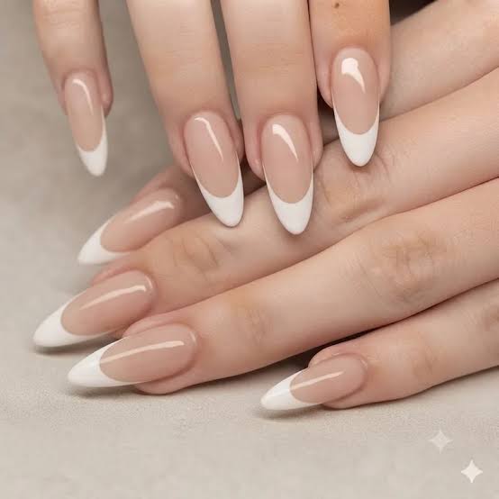 Medium Almond Classic White French Manicure Medium Almond Classic White French Manicure — Minimalist Nails