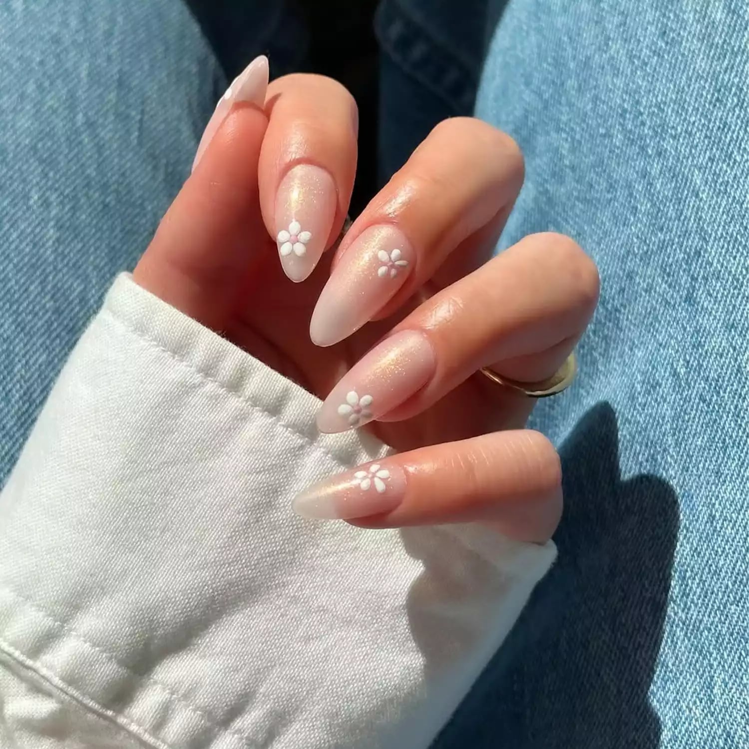 Long Almond Sheer Pink With White Floral Accents Long Almond Sheer Pink With White Floral Accents — Minimalist Nails