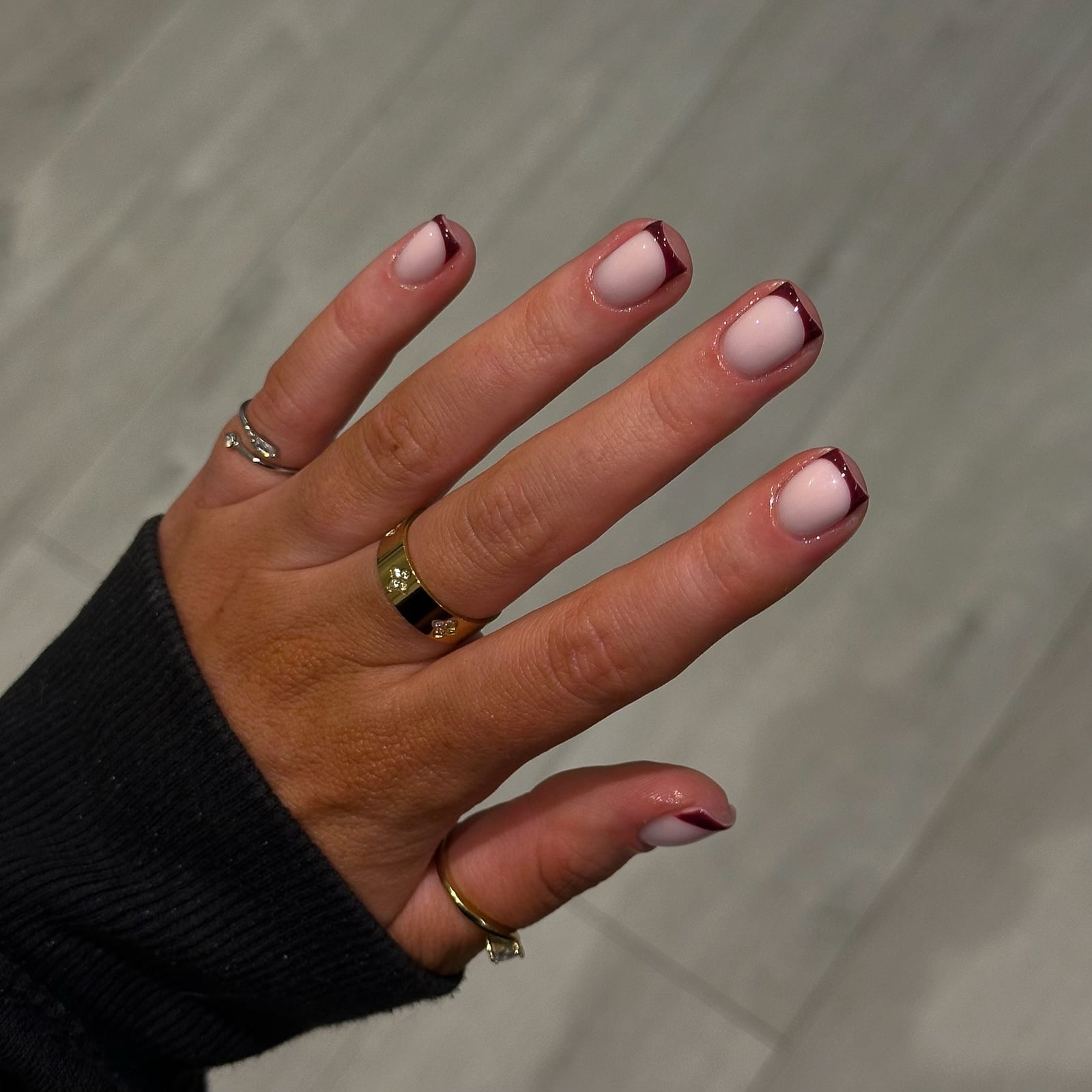 Nude Short Square With Deep Red French Tips Nude Short Square With Deep Red French Tips — Minimalist Nails