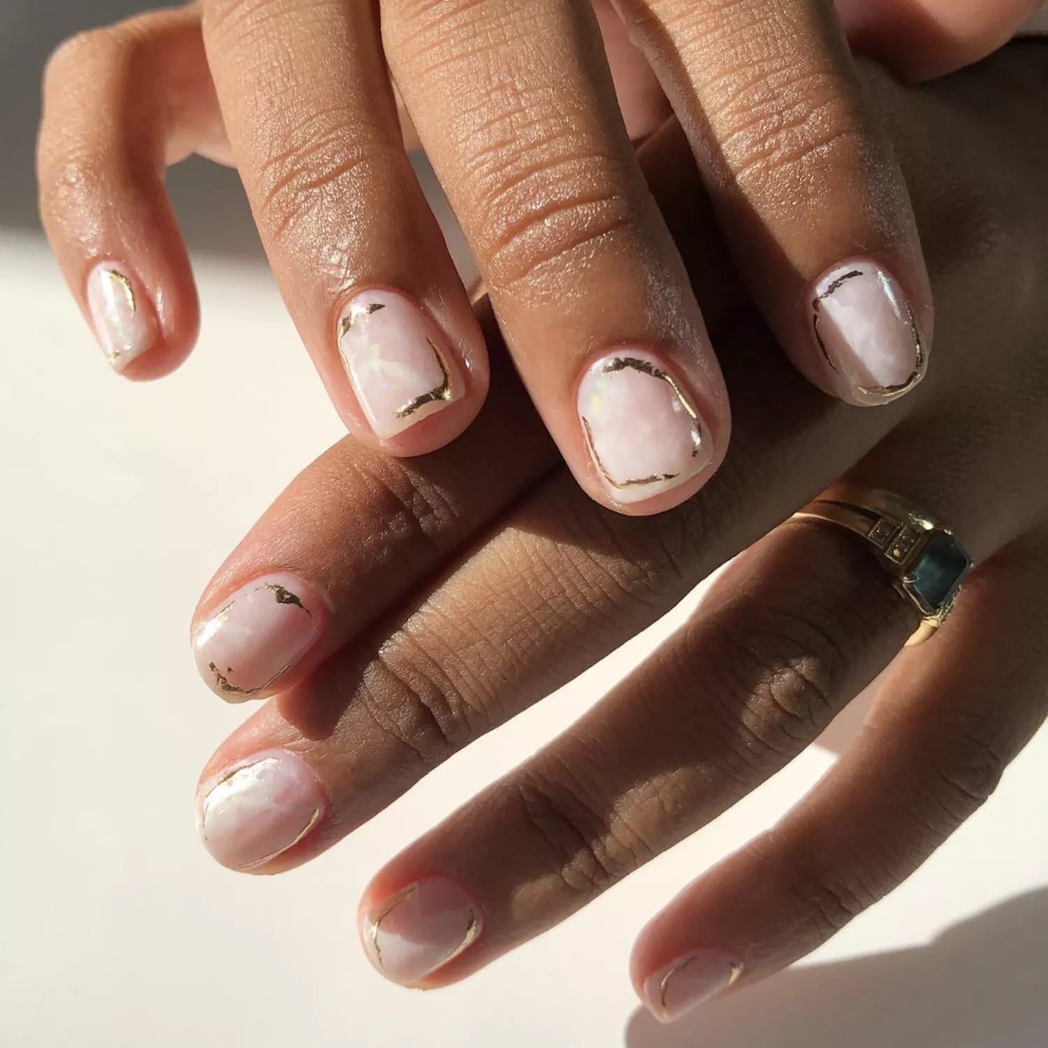 Pale Pink Pearlescent Short Square With Gold Outline Pale Pink Pearlescent Short Square With Gold Outline — Minimalist Nails