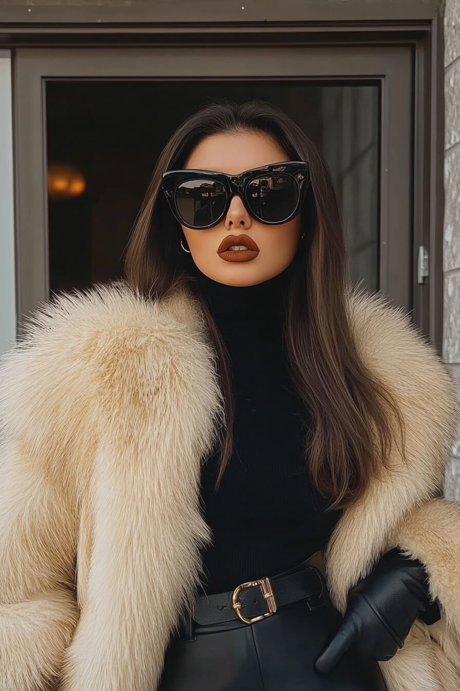 Cream faux fur coat with black turtleneck and leather gloves Cream faux fur coat with black turtleneck and leather gloves — Mob Wife Outfits