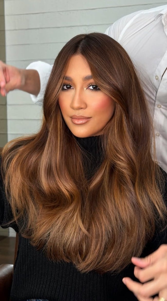 Mocha Brown With Caramel Highlights And Curtain Bangs Mocha Brown With Caramel Highlights And Curtain Bangs — Mocha Brown Hair