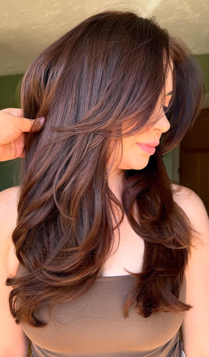 Mid-Back Mocha Brown With Face-Framing Layers And Curtain Bangs Mid-Back Mocha Brown With Face-Framing Layers And Curtain Bangs — Mocha Brown Hair