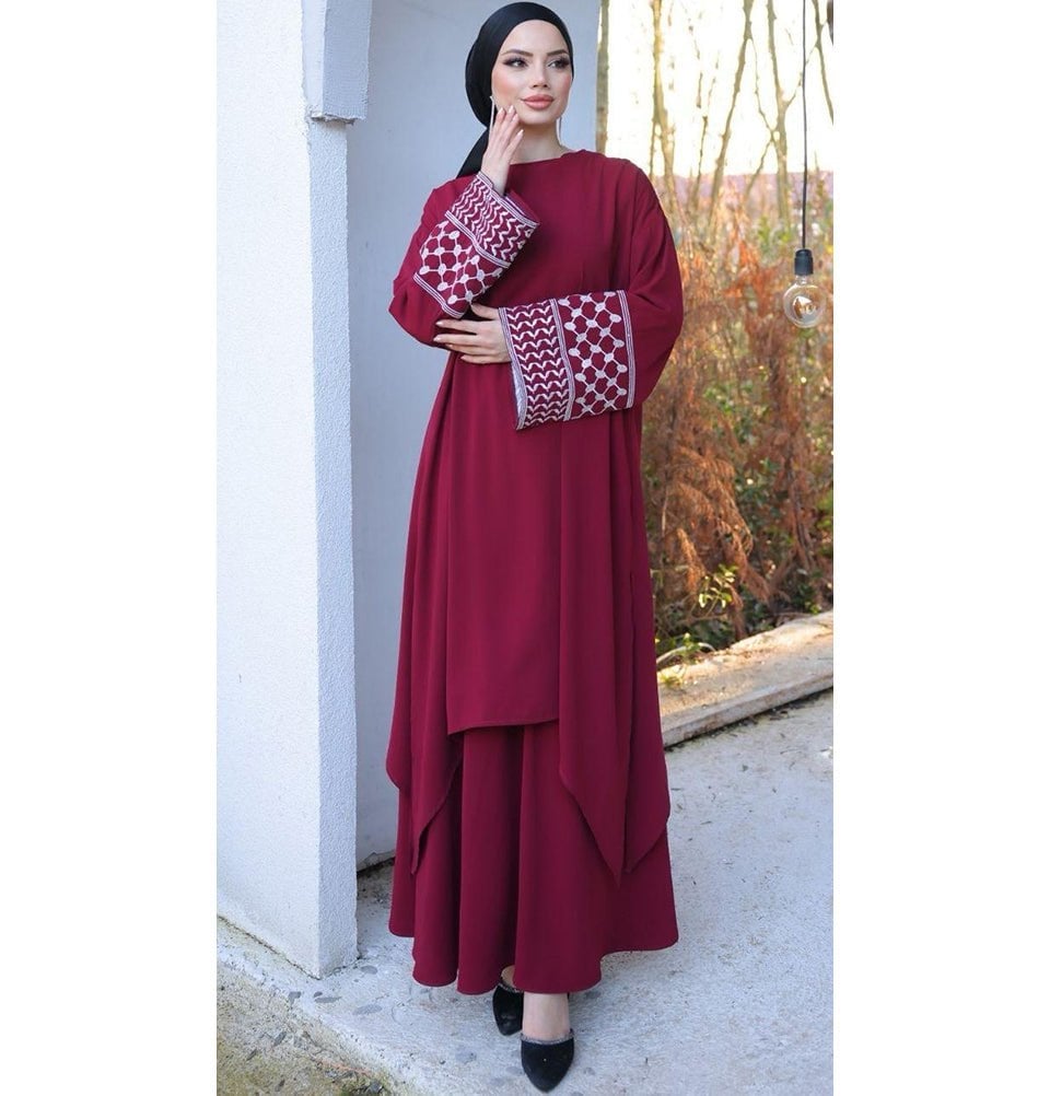 Maroon Layered Dress With Embroidered Cuffs Maroon Layered Dress With Embroidered Cuffs — Modest Outfits