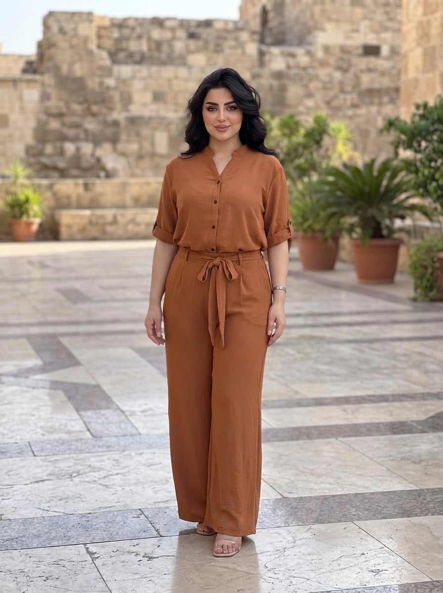 Brown Set Collared Shirt Wide Leg Trousers Brown Set Collared Shirt Wide Leg Trousers — Modest Outfits