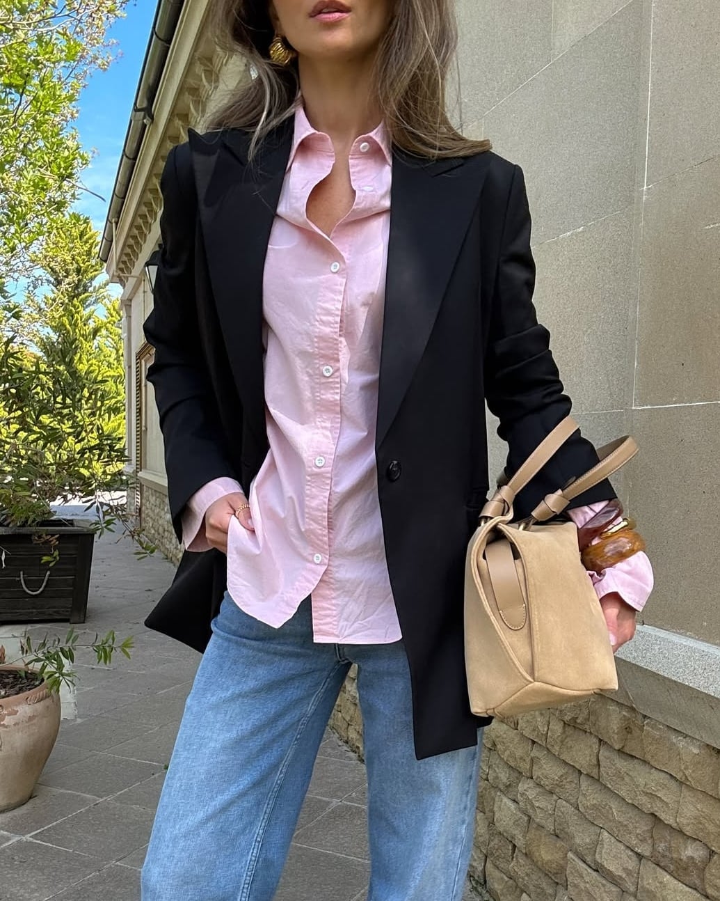 Pink Shirt Black Blazer Relaxed Jeans Pink Shirt Black Blazer Relaxed Jeans — Modest Outfits