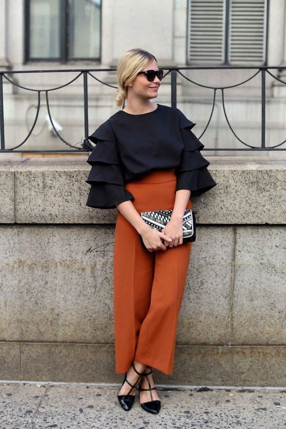 Rust Wide Leg Trousers Tiered Sleeve Top Rust Wide Leg Trousers Tiered Sleeve Top — Modest Outfits