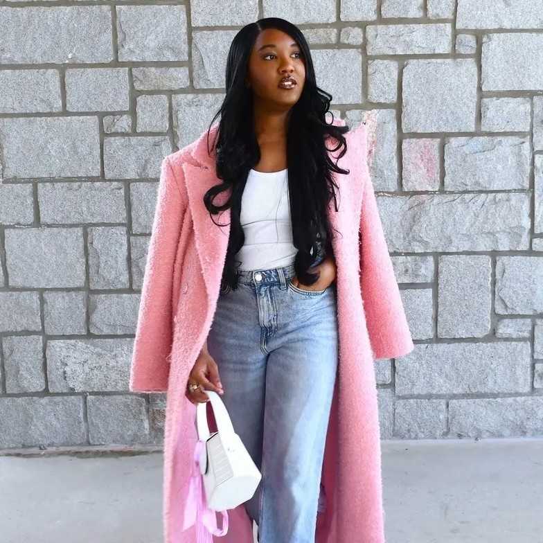 Pink Boucle Coat Light Blue Jeans Pink Boucle Coat Light Blue Jeans — Modest Outfits