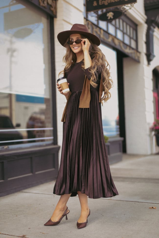 Brown Pleated Midi Dress Burgundy Heels Brown Pleated Midi Dress Burgundy Heels — Modest Outfits