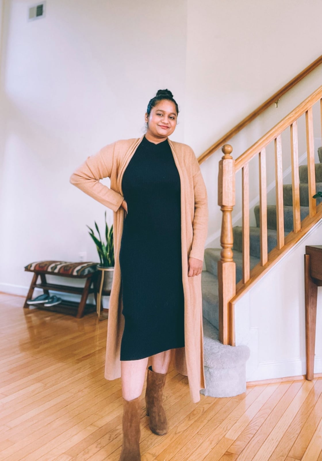 Black Knit Dress Beige Cardigan Black Knit Dress Beige Cardigan — Modest Outfits