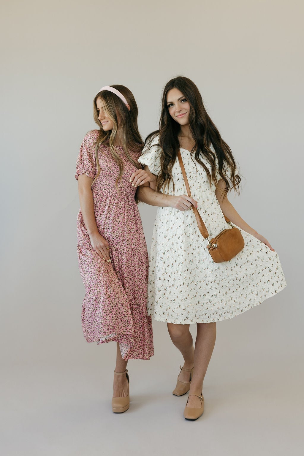 Pink Floral Midi Dress Nude Heels Pink Floral Midi Dress Nude Heels — Modest Outfits