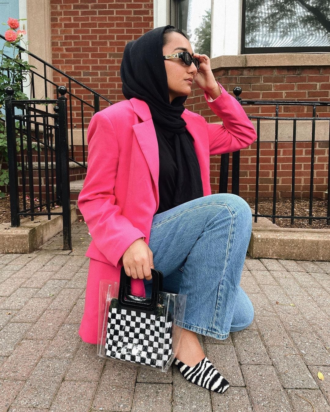 Pink Blazer Black Top Wide Leg Jeans Pink Blazer Black Top Wide Leg Jeans — Modest Outfits