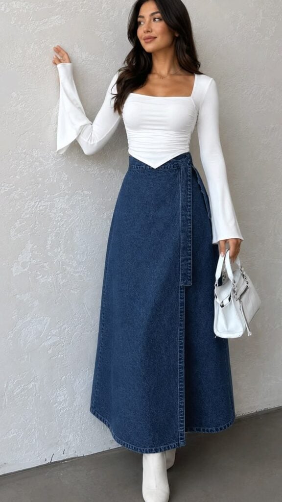 White Ruched Top Blue Denim Wrap Skirt White Ruched Top Blue Denim Wrap Skirt — Modest Outfits