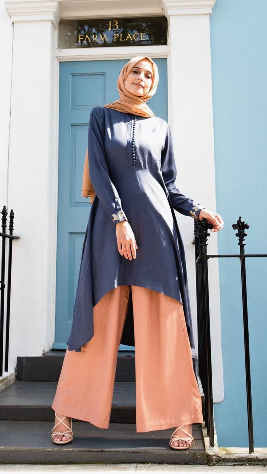 Navy Tunic With Peach Wide Leg Trousers Navy Tunic With Peach Wide Leg Trousers — Modest Outfits