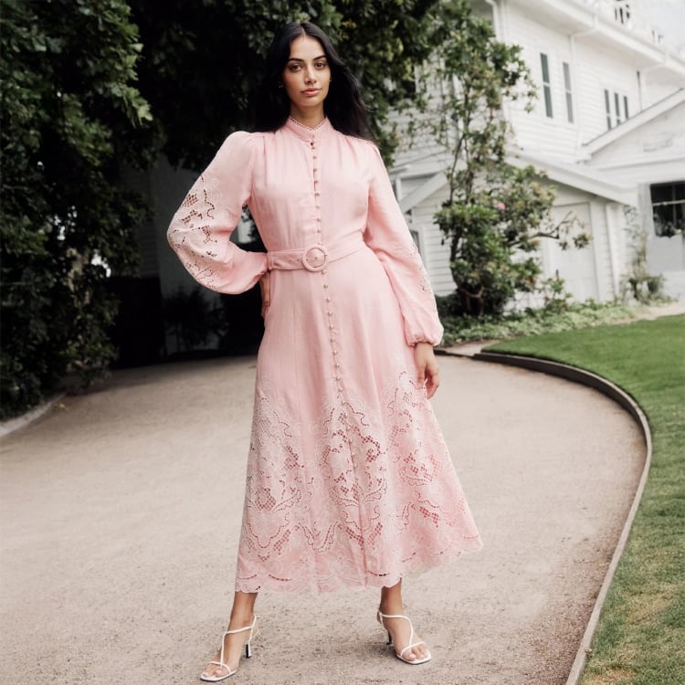 Pale Pink Midi Dress With Eyelet Lace Pale Pink Midi Dress With Eyelet Lace — Modest Outfits
