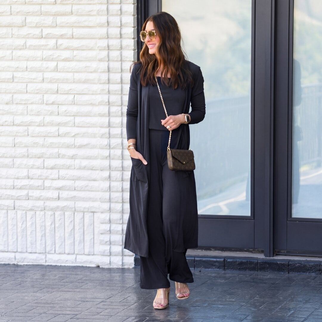Black Jumpsuit With Longline Cardigan Black Jumpsuit With Longline Cardigan — Modest Outfits