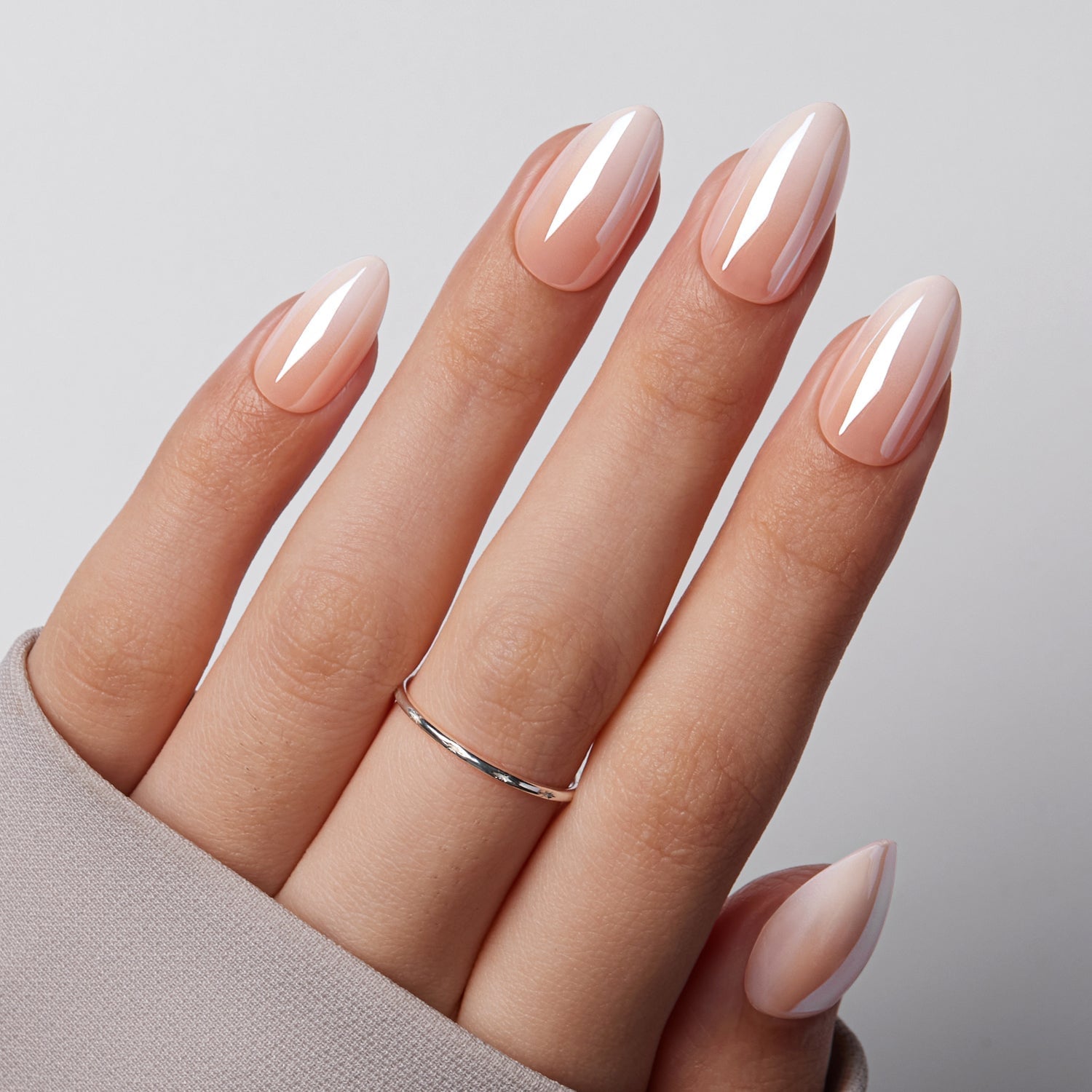 Milky Pink Medium Almond With Chrome Line Milky Pink Medium Almond With Chrome Line — Mom Nails