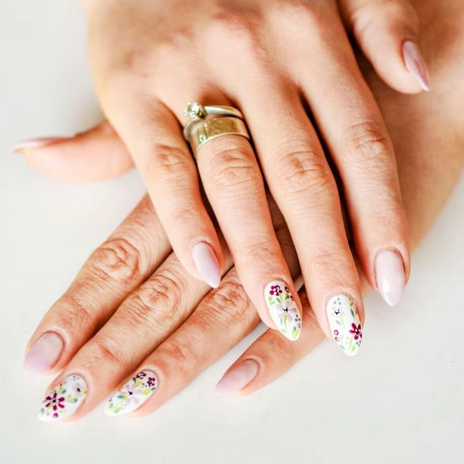 Short Oval With Pink Floral Accents Short Oval With Pink Floral Accents — Mom Nails