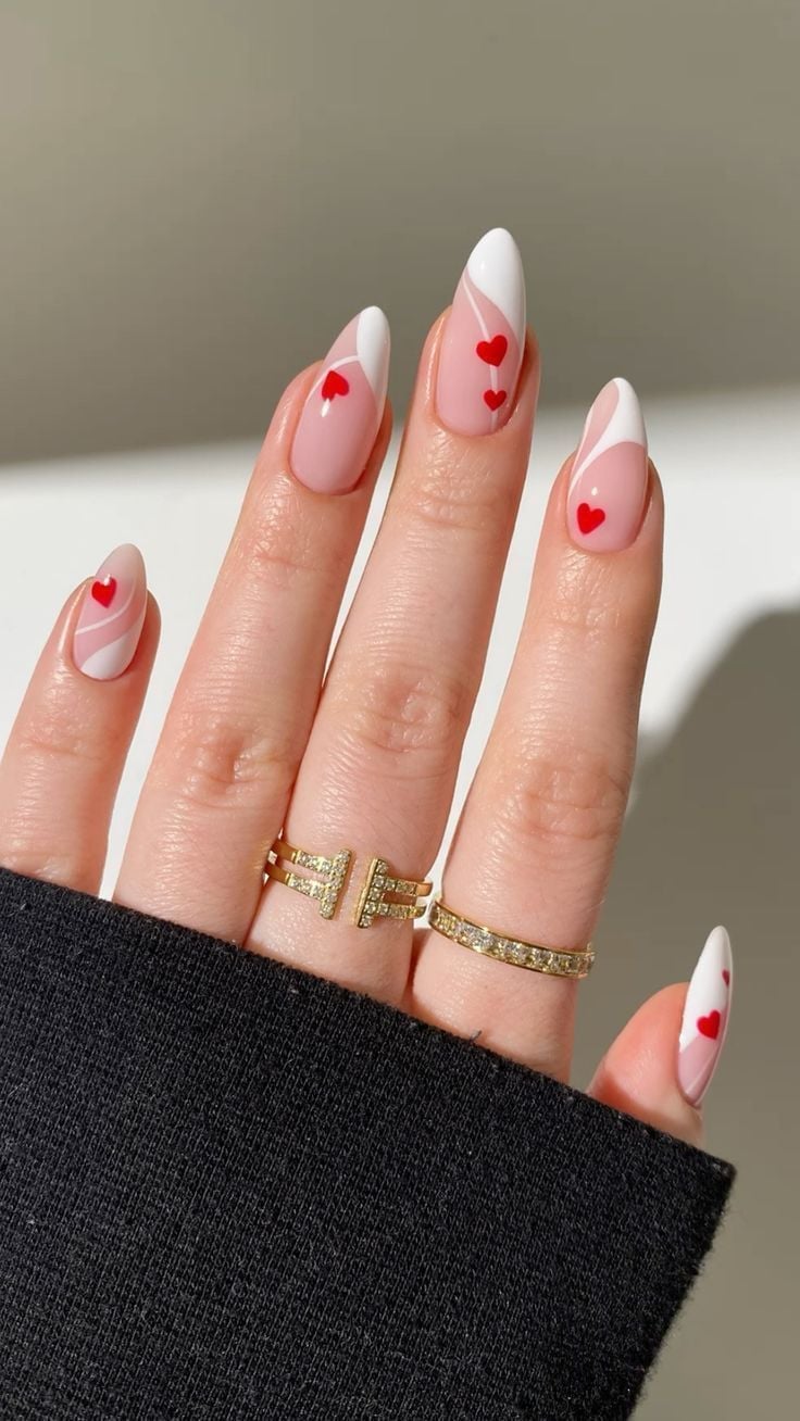 Almond French With Scattered Hearts Almond French With Scattered Hearts — Mom Nails