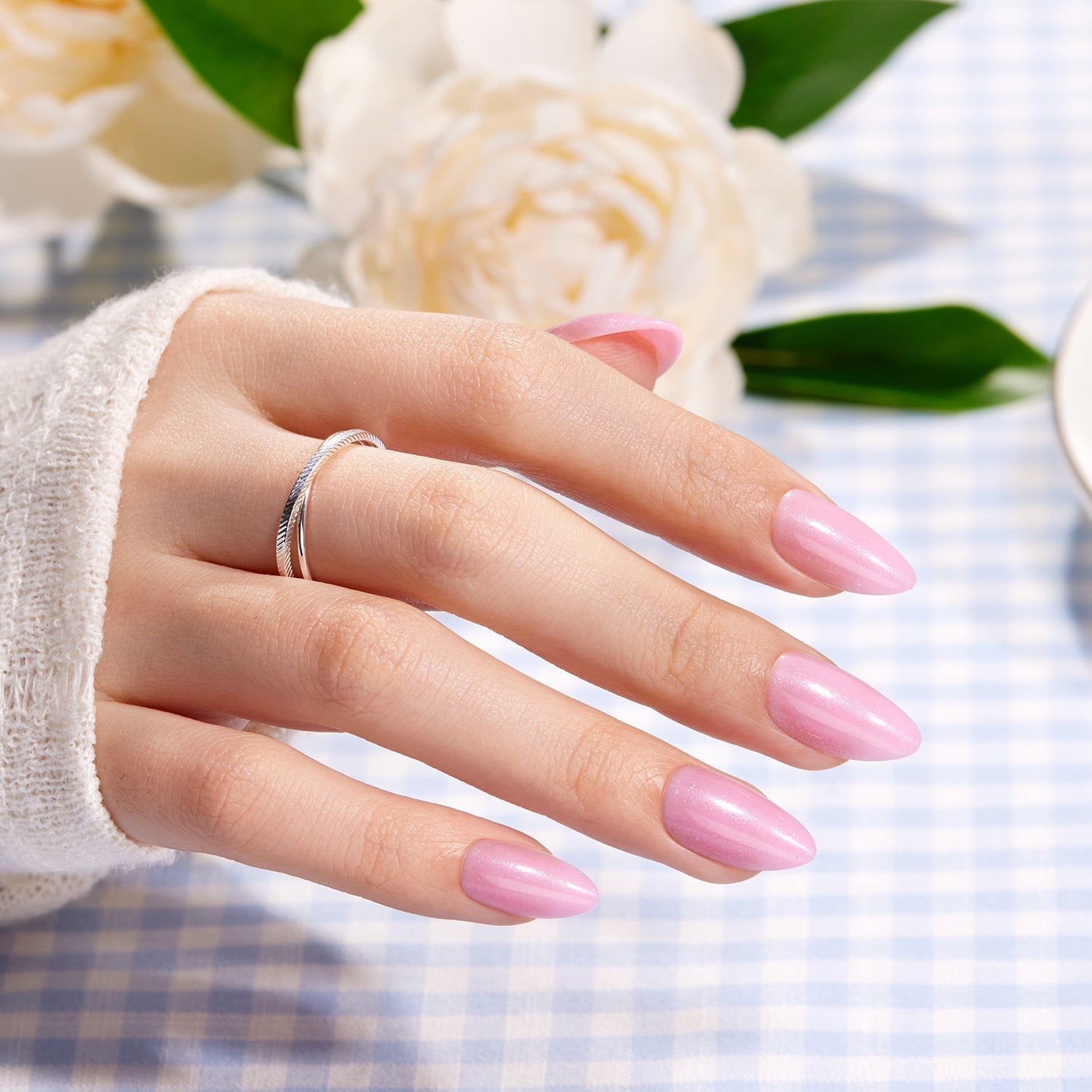 Glossy Milky Pink With Delicate Chrome Accent Glossy Milky Pink With Delicate Chrome Accent — Mom Nails