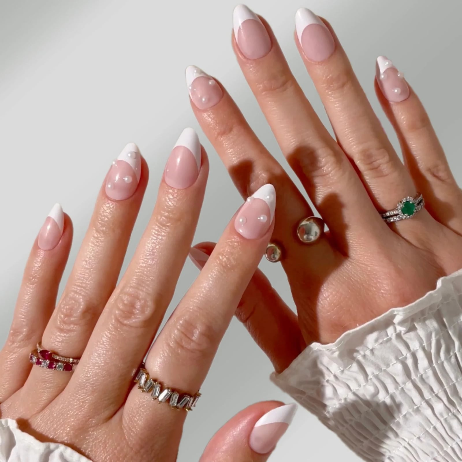 Almond French With Pearl Accents Almond French With Pearl Accents — Mom Nails