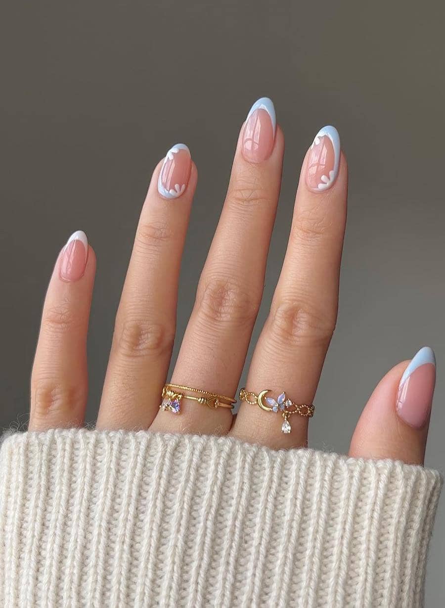 Oval Light Blue French Tips With Floral Art Oval Light Blue French Tips With Floral Art — Mom Nails