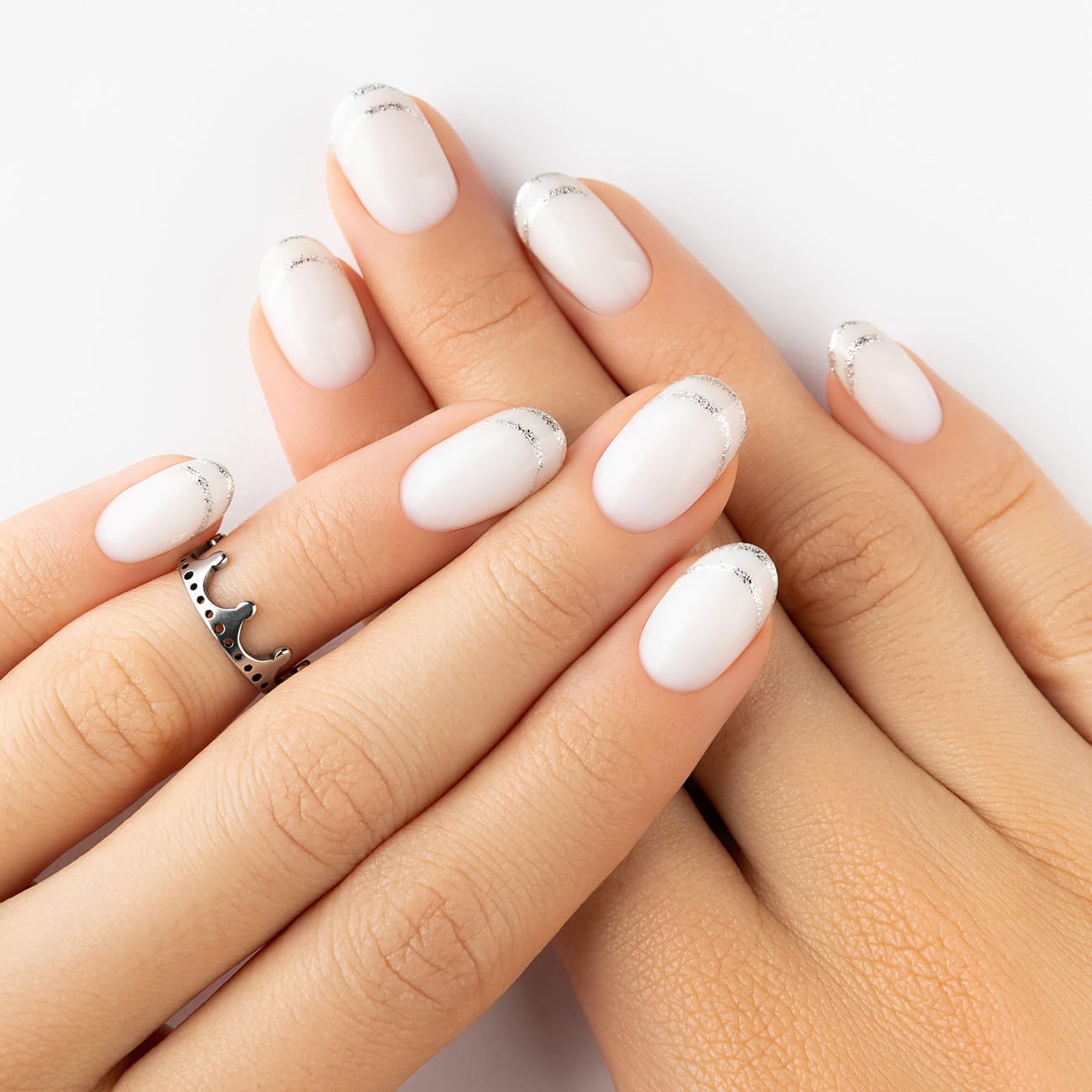 Medium Oval White French With Silver Line Medium Oval White French With Silver Line — Mom Nails