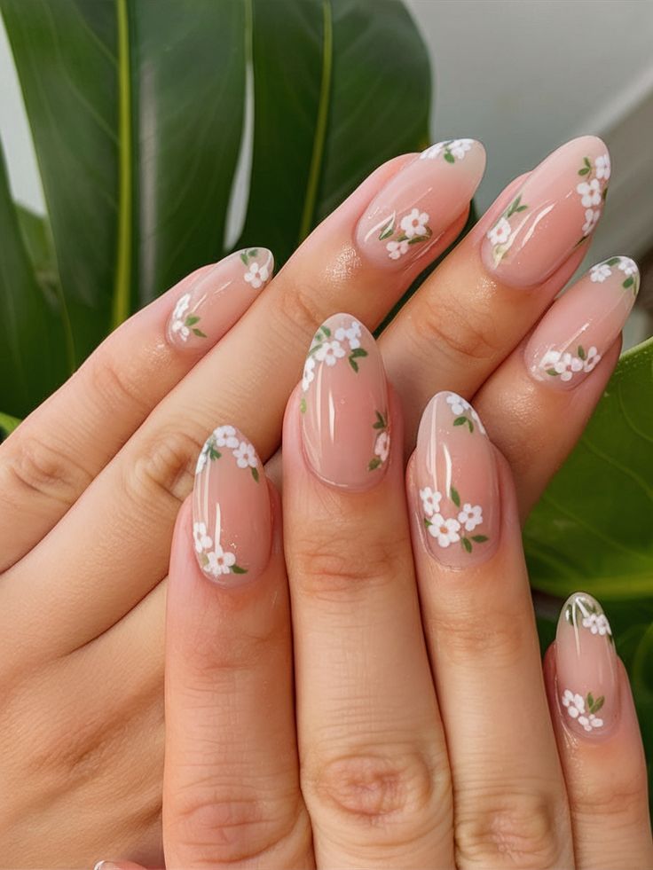 Medium Oval Nude With White Flower Art Medium Oval Nude With White Flower Art — Mom Nails