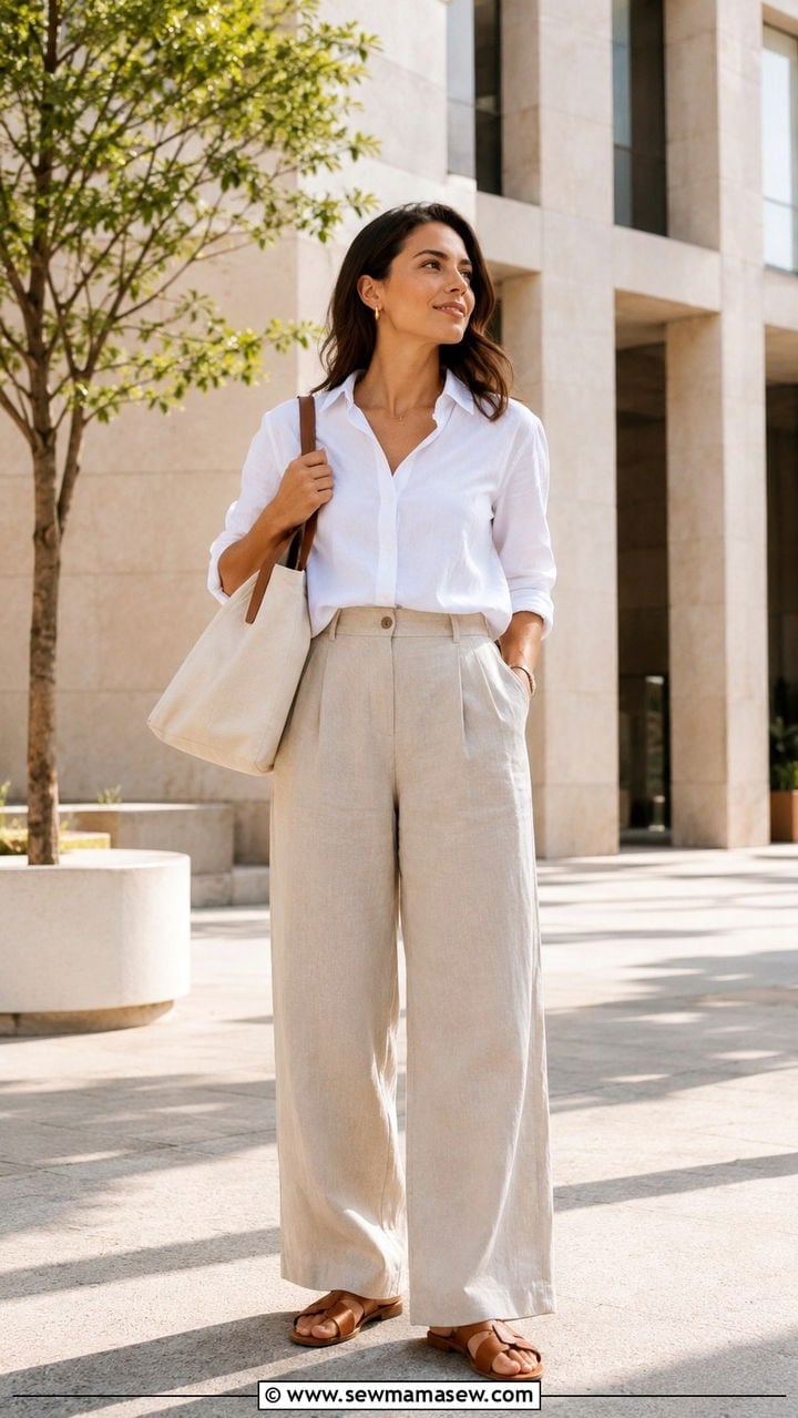 White Button Down With Beige Linen Trousers White Button Down With Beige Linen Trousers — Mom Outfits