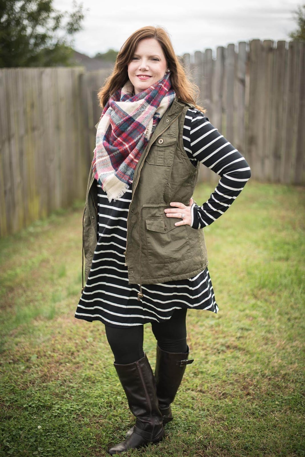 Striped Dress With Utility Vest Striped Dress With Utility Vest — Mom Outfits