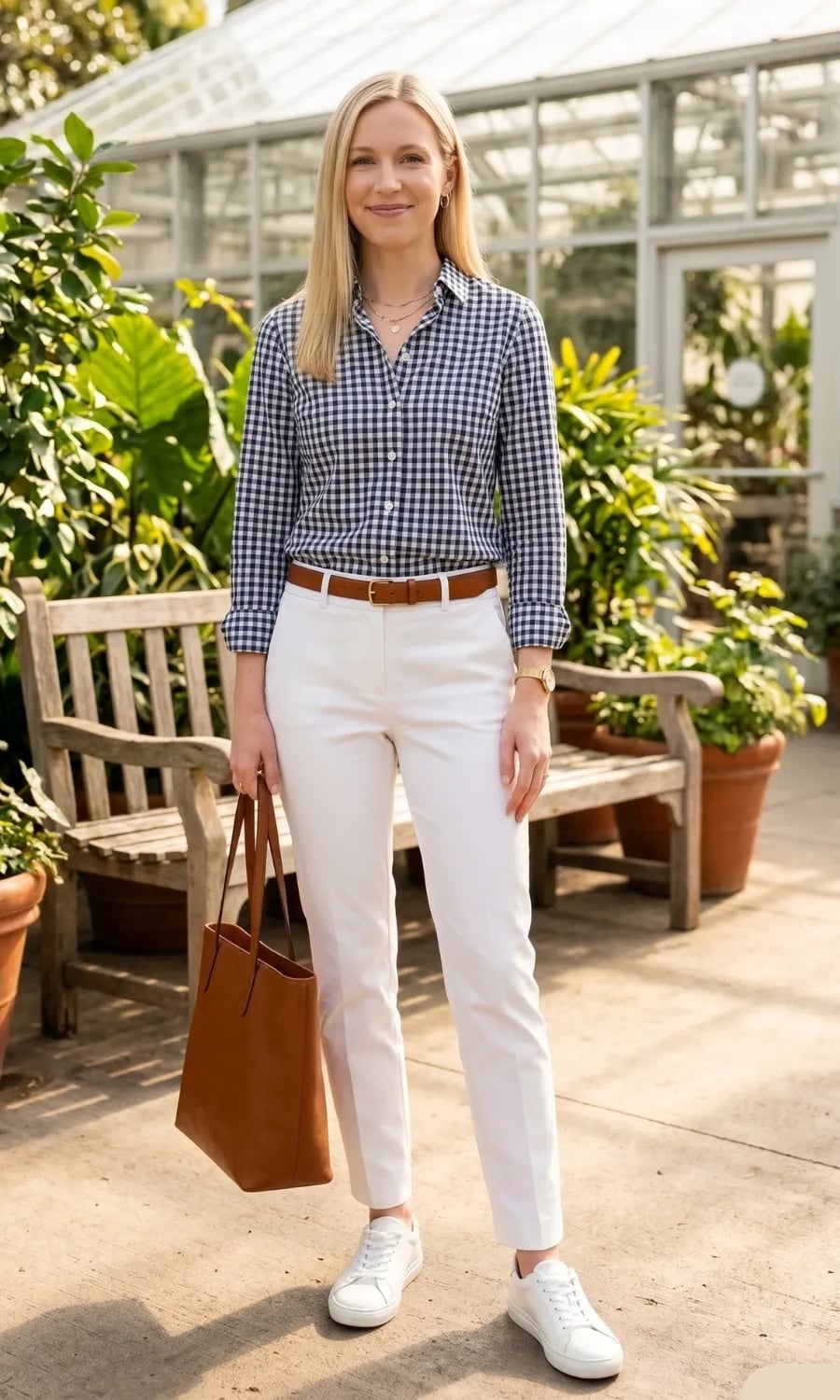 Gingham Shirt With White Trousers Gingham Shirt With White Trousers — Mom Outfits