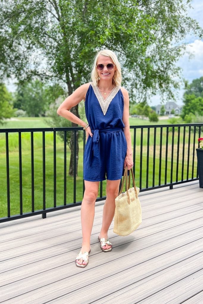 Navy Romper With Gold Sandals Navy Romper With Gold Sandals — Mom Outfits
