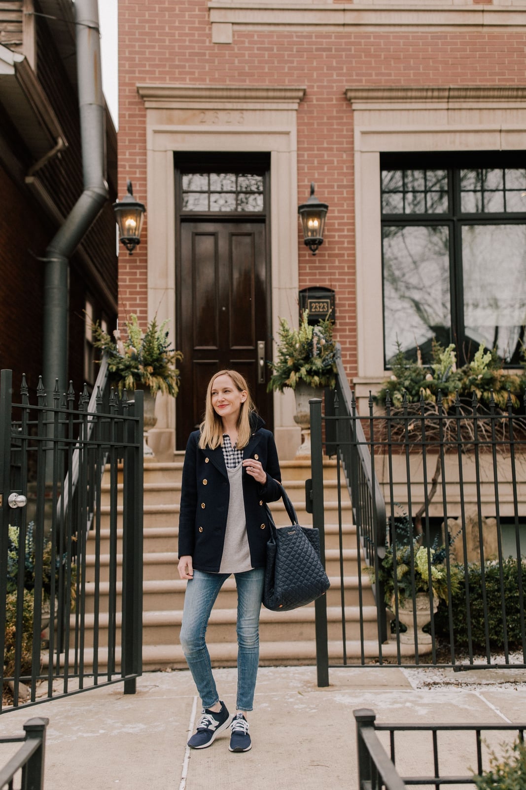 Navy Peacoat With Gingham Shirt Navy Peacoat With Gingham Shirt — Mom Outfits