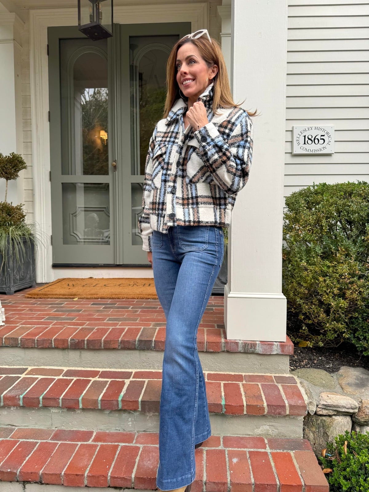 Plaid Shirt Jacket With Flared Jeans Plaid Shirt Jacket With Flared Jeans — Mom Outfits